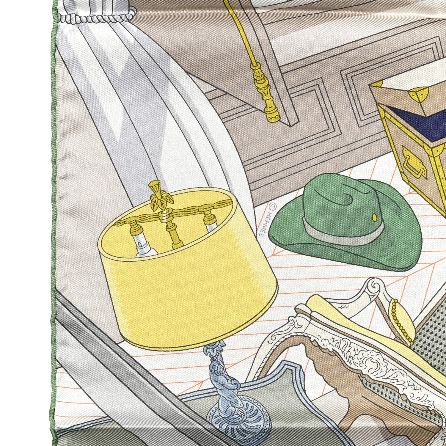 Hermes Silk Mystere Au 24 Faubourg Scarf 90 Gris Perle Vert Jaune