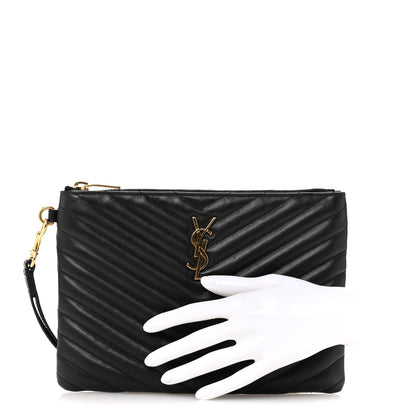 Saint Laurent Calfskin Matelasse Chevron Monogram A5 Wristlet Black 2 of 11