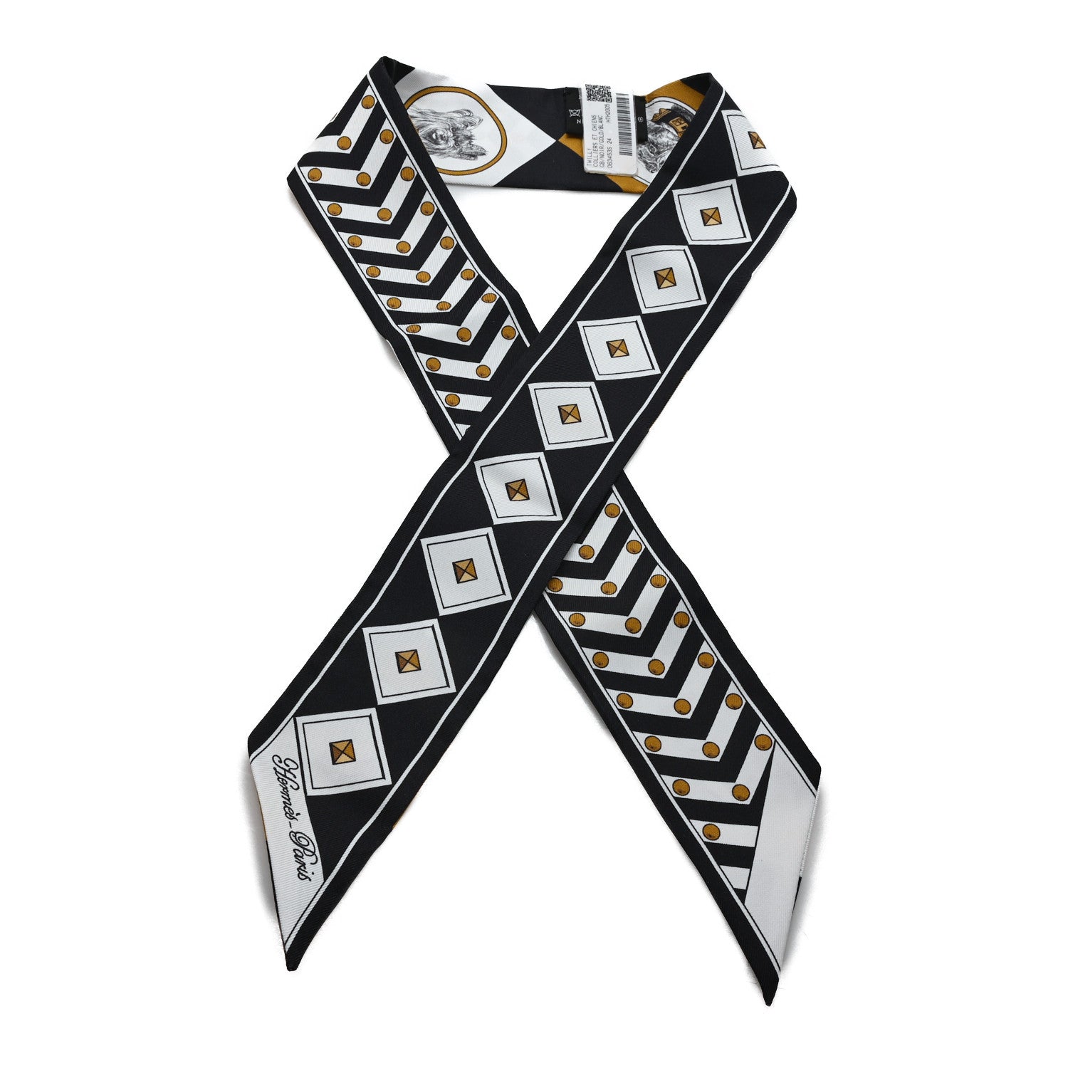 Hermes Silk Colliers Et Chiens Twilly Black Gold White 1 of 3