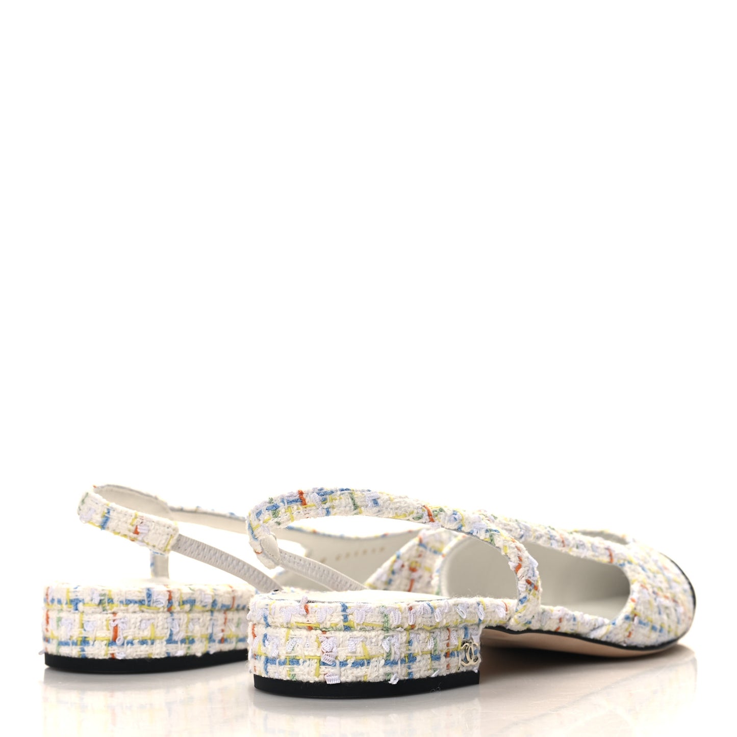Tweed Grosgrain Cap Toe CC Slingback Flat 40 White Multicolor