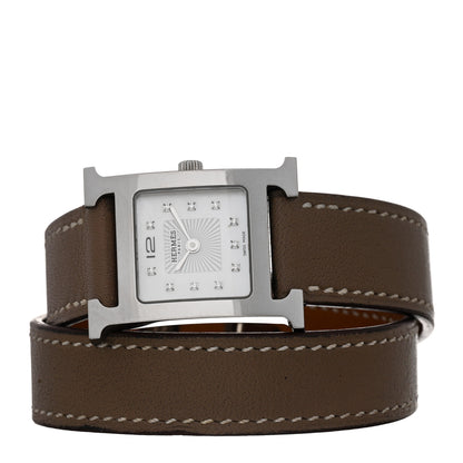 Hermes Stainless Steel Swift Diamond Mother of Pearl 21mm Heure H Hour Double Tour Quartz Watch Etoupe 2 of 5