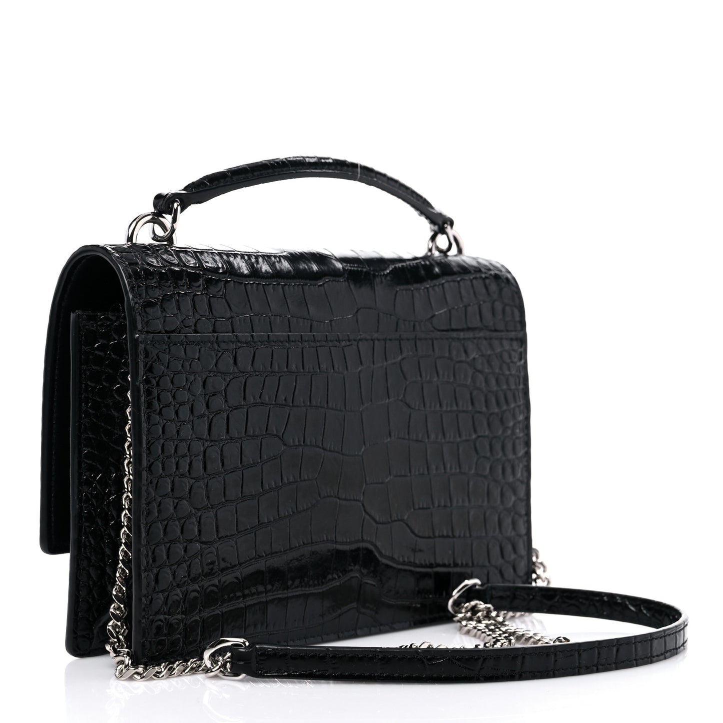 Calfskin Crocodile Embossed Monogram Sunset Chain Wallet Black