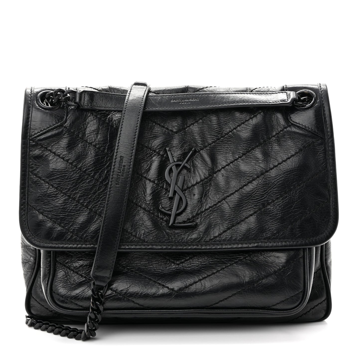 Crinkled Calfskin Matelasse Monogram Medium Niki Chain Satchel Black