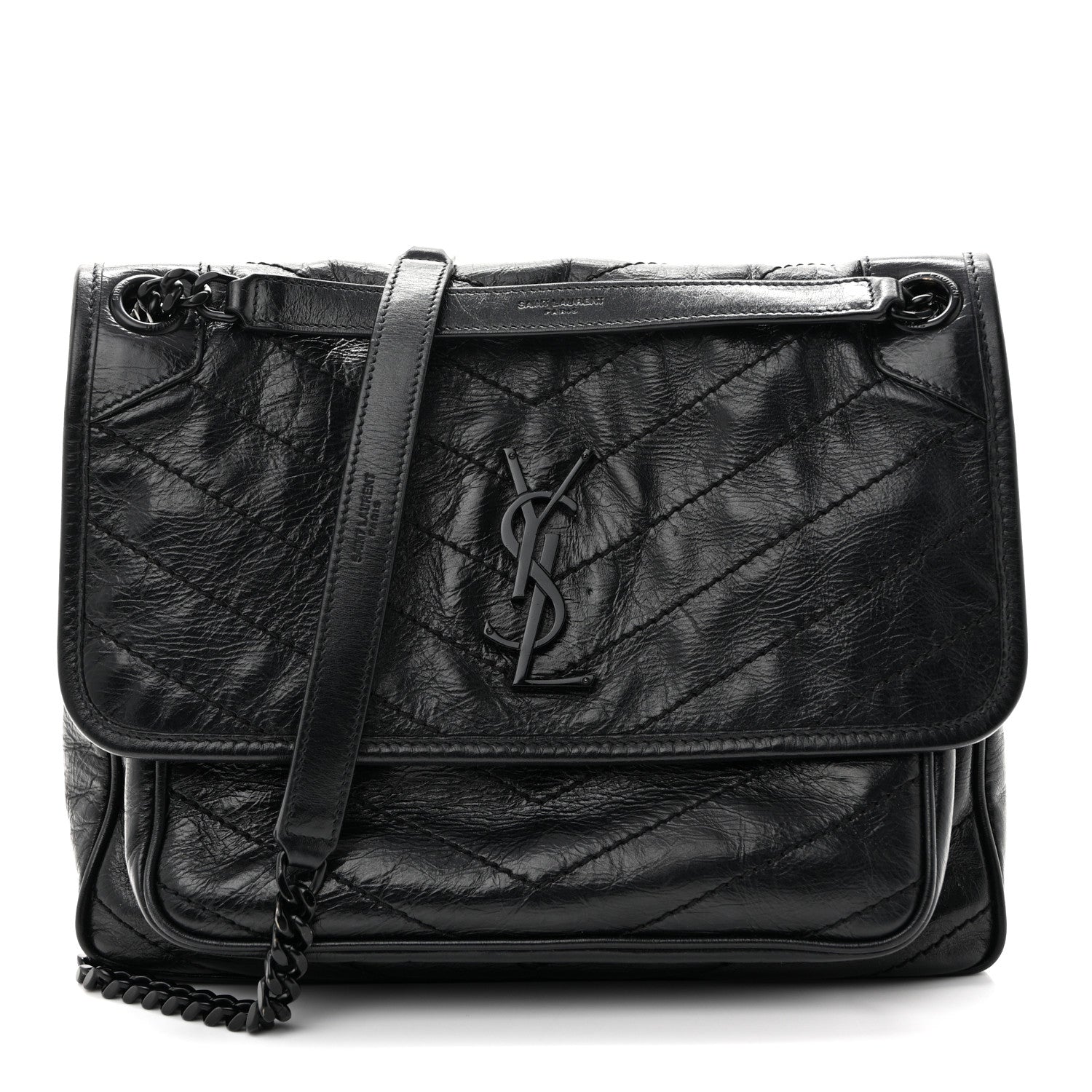 Saint Laurent Crinkled Calfskin Matelasse Monogram Medium Niki Chain Satchel Black 1 of 15