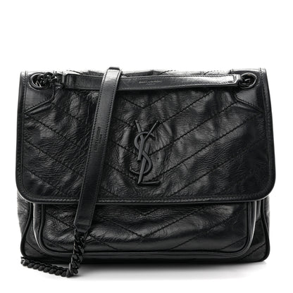 Saint Laurent Crinkled Calfskin Matelasse Monogram Medium Niki Chain Satchel Black 1 of 15