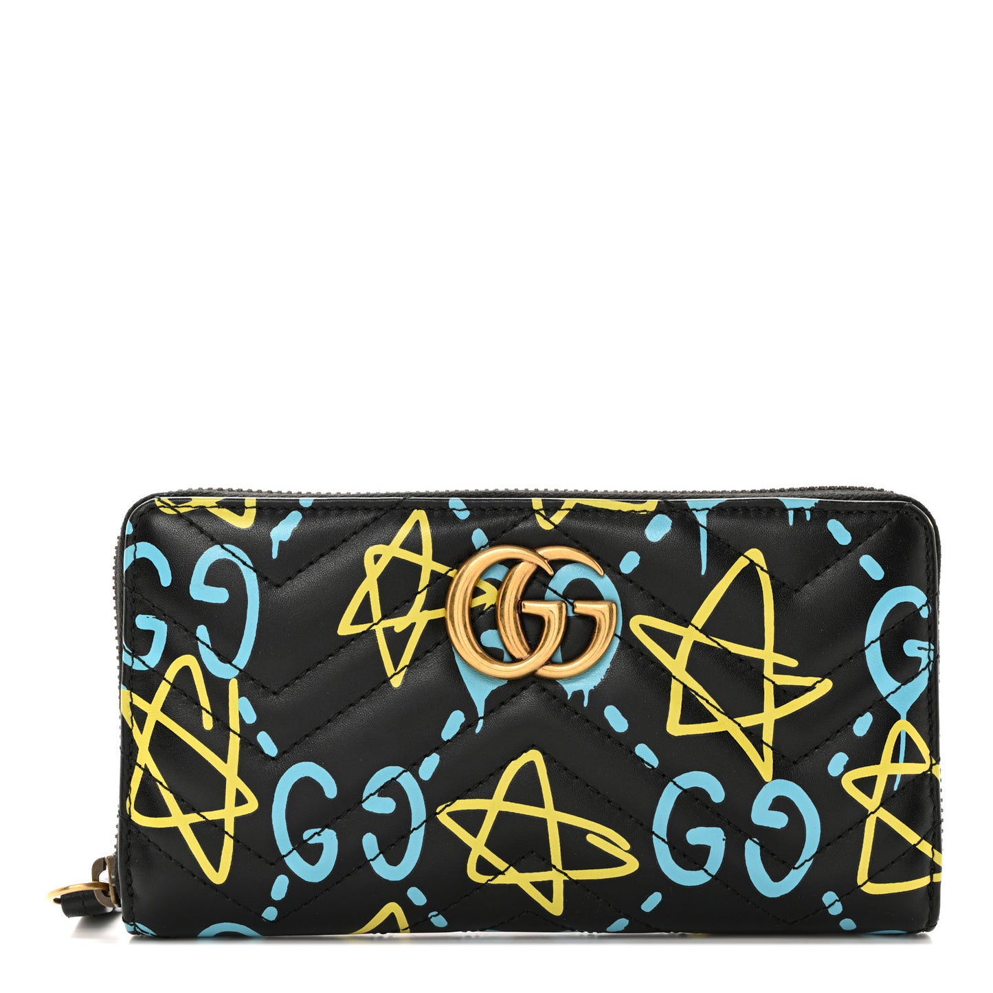 Calfskin Matelasse GucciGhost GG Marmont Zip Around Wallet Black New Acquamarine