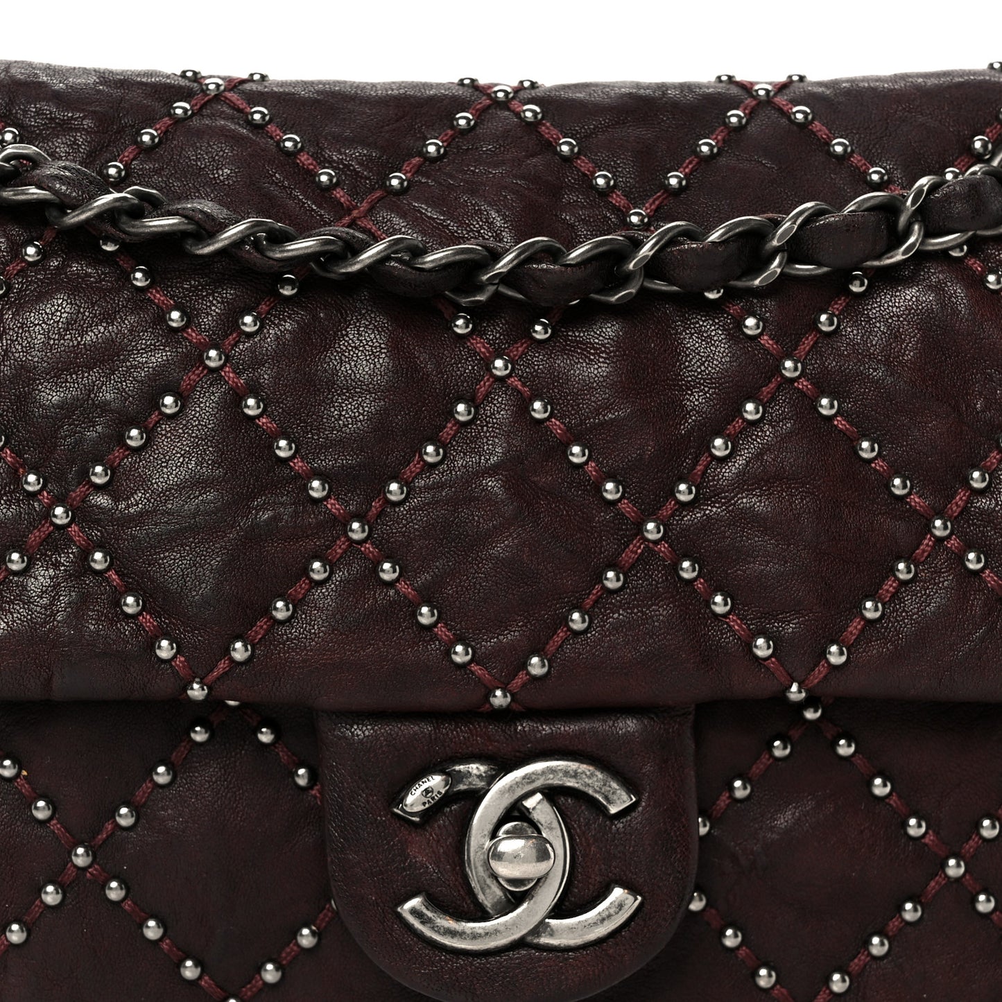 Washed Lambskin Studded Metal Beauty Flap Burgundy