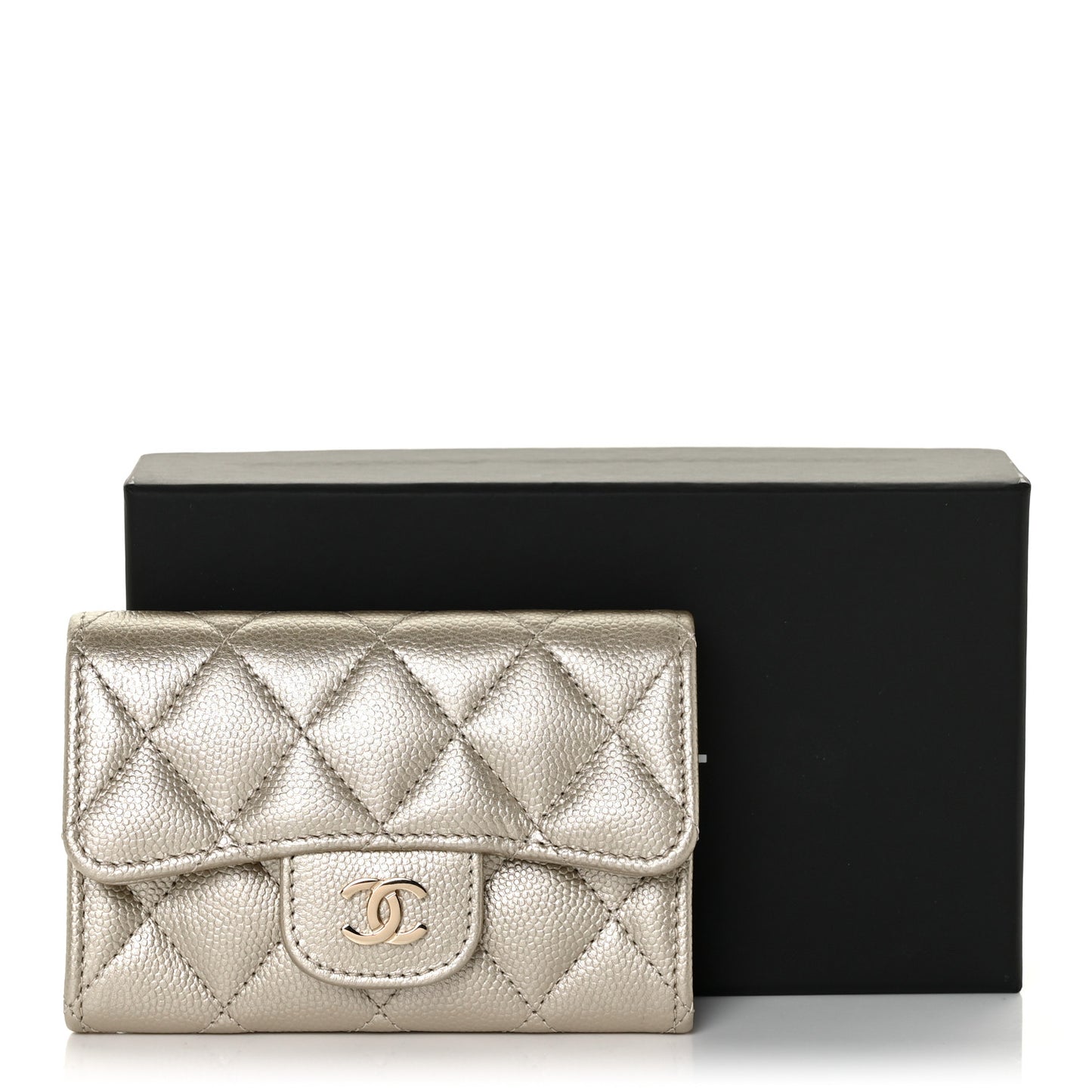 Metallic Caviar Quilted Flap Card Holder Gold