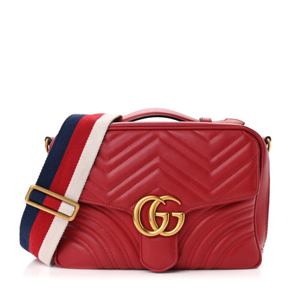 Gucci Calfskin Matelasse Sylvie Web Small GG Marmont Top Handle Shoulder Bag Hibiscus Red 1 of 13