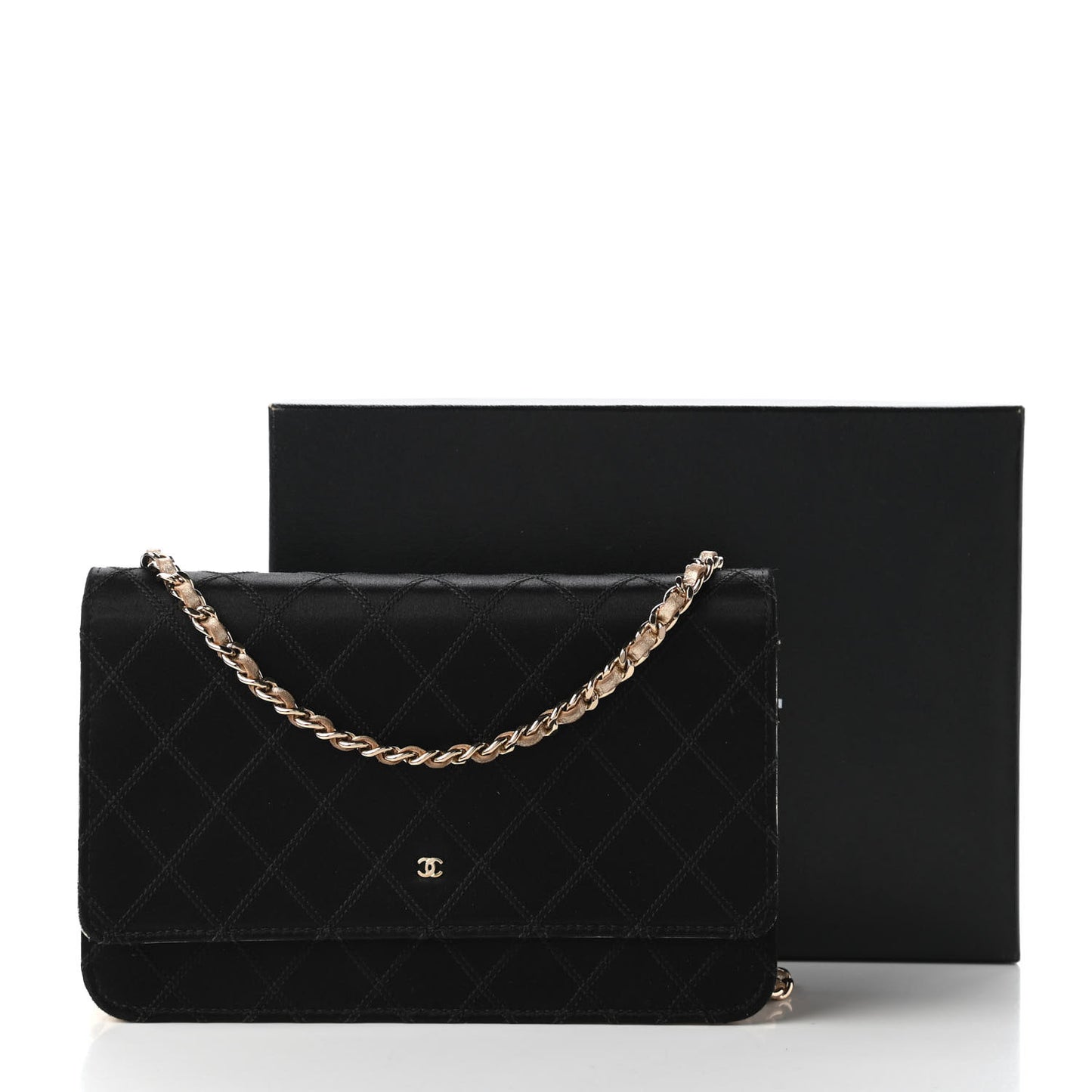 Satin Diamond Stitch Wallet On Chain WOC Black Gold