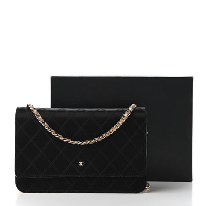 Chanel Satin Diamond Stitch Wallet On Chain WOC Black Gold 12 of 12