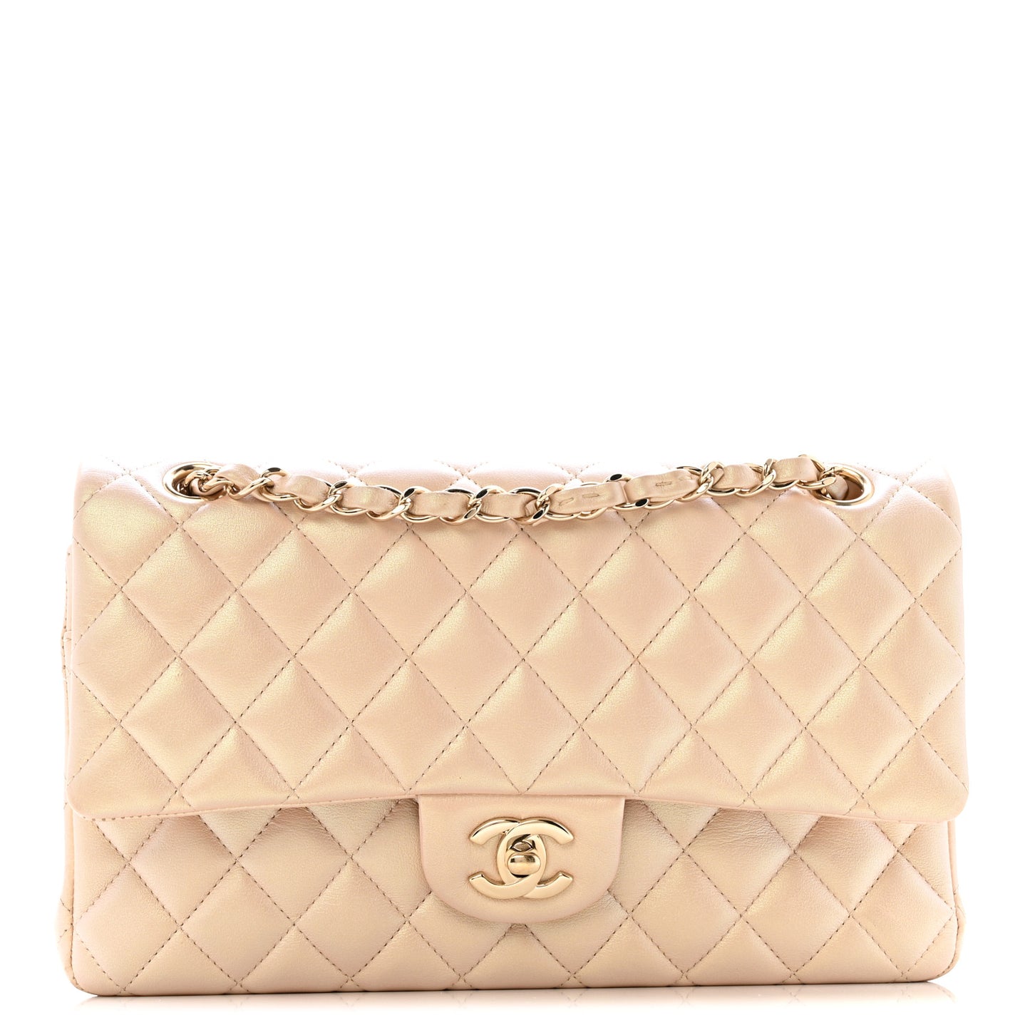 Iridescent Lambskin Quilted Medium Double Flap Beige