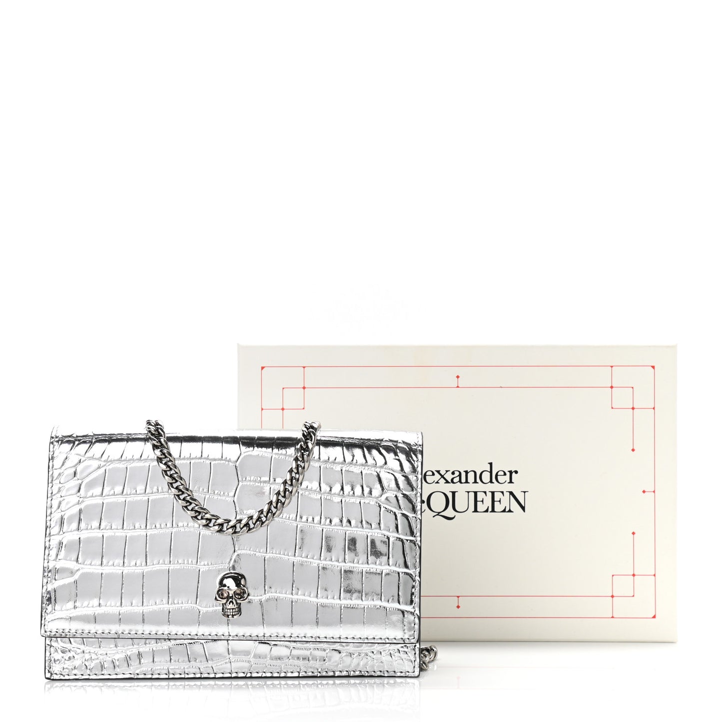 Metallic Calfskin Crocodile Embossed Skull Mini Shoulder Bag Silver