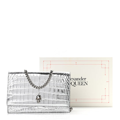 Alexander McQueen Metallic Calfskin Crocodile Embossed Skull Mini Shoulder Bag Silver 10 of 10