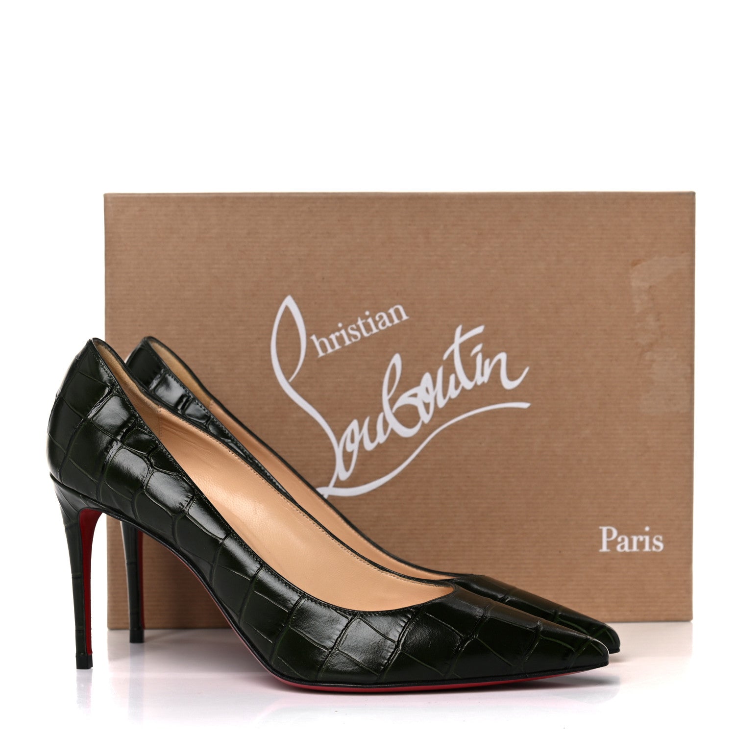 Christian Louboutin Calfskin Crocodile Embossed Kate 85 Pumps 37 Forest Night 10 of 10