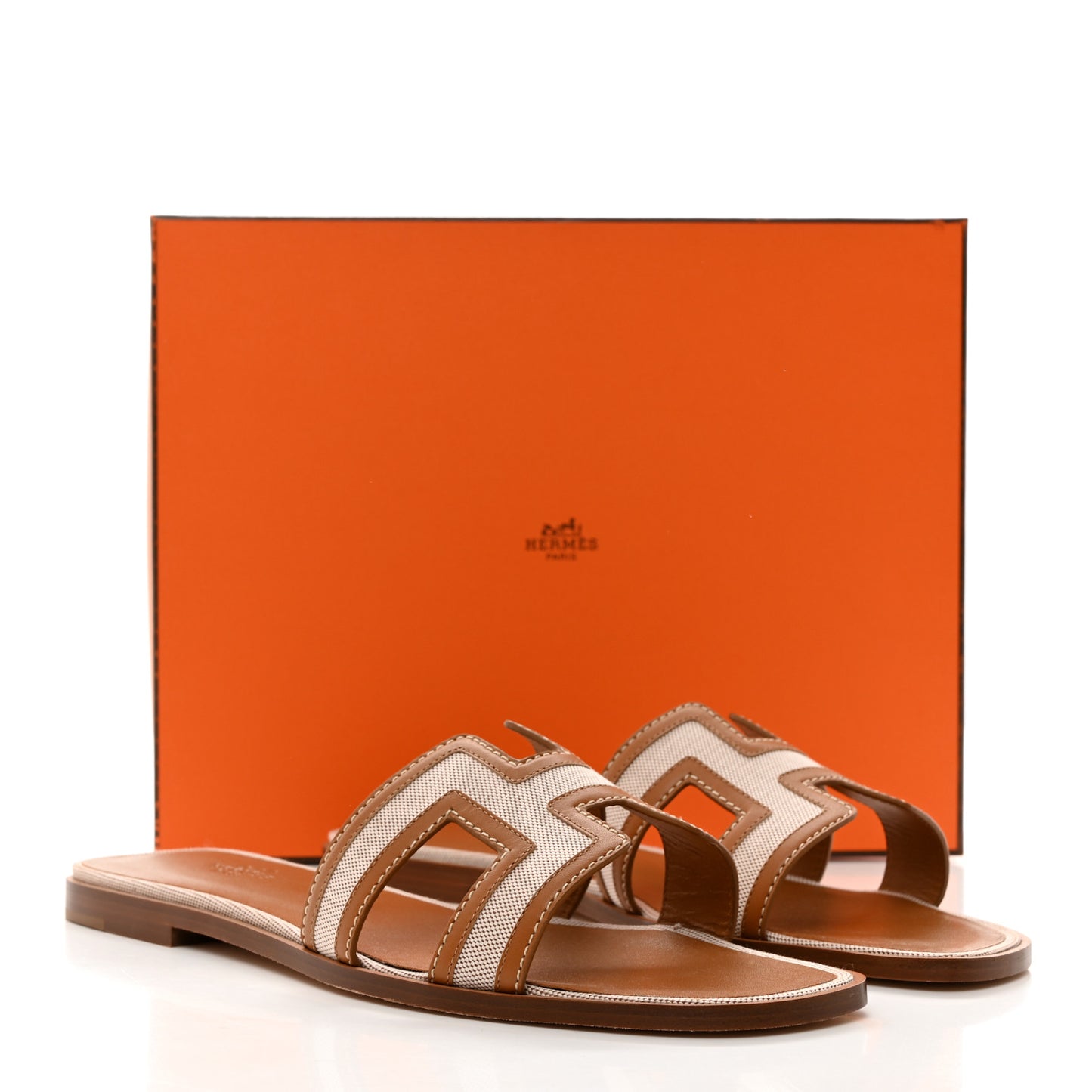 Calfskin Canvas Oran Sandals 41 Noisette Beige Dore