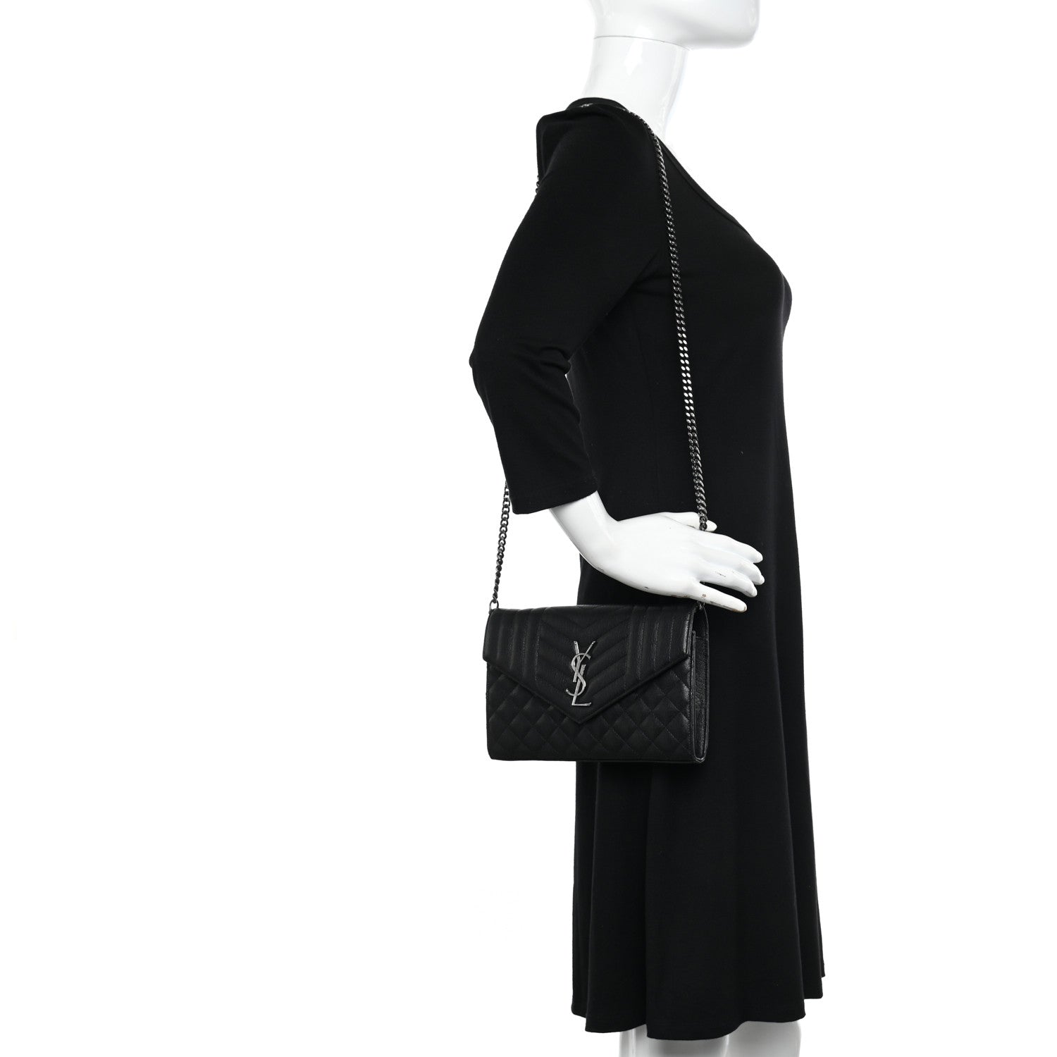 Saint Laurent Sheepskin Tri-Quilt Monogram Envelope Chain Wallet Black 2 of 11