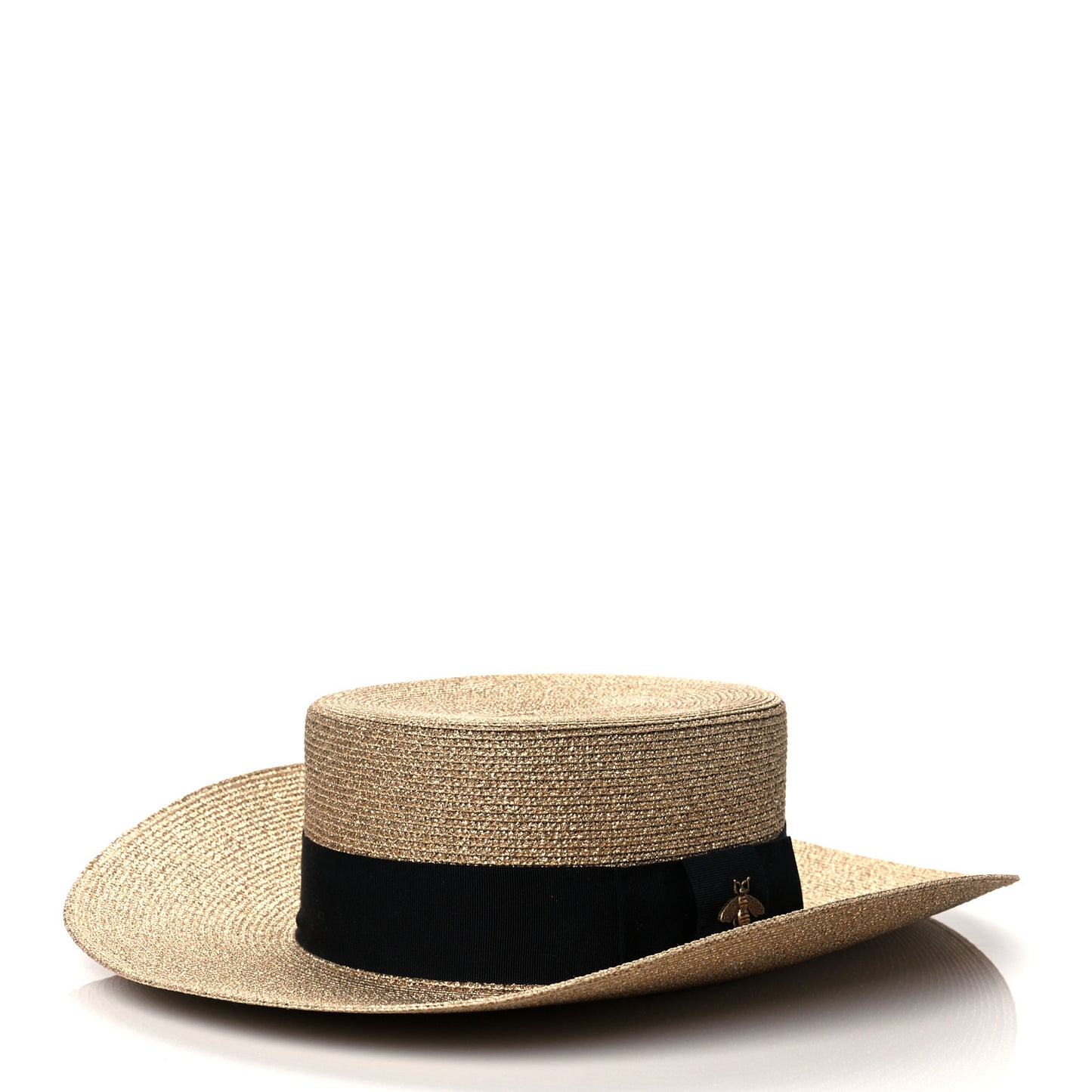 Glittered Straw Grosgrain Wide Brim Hat M Gold Black