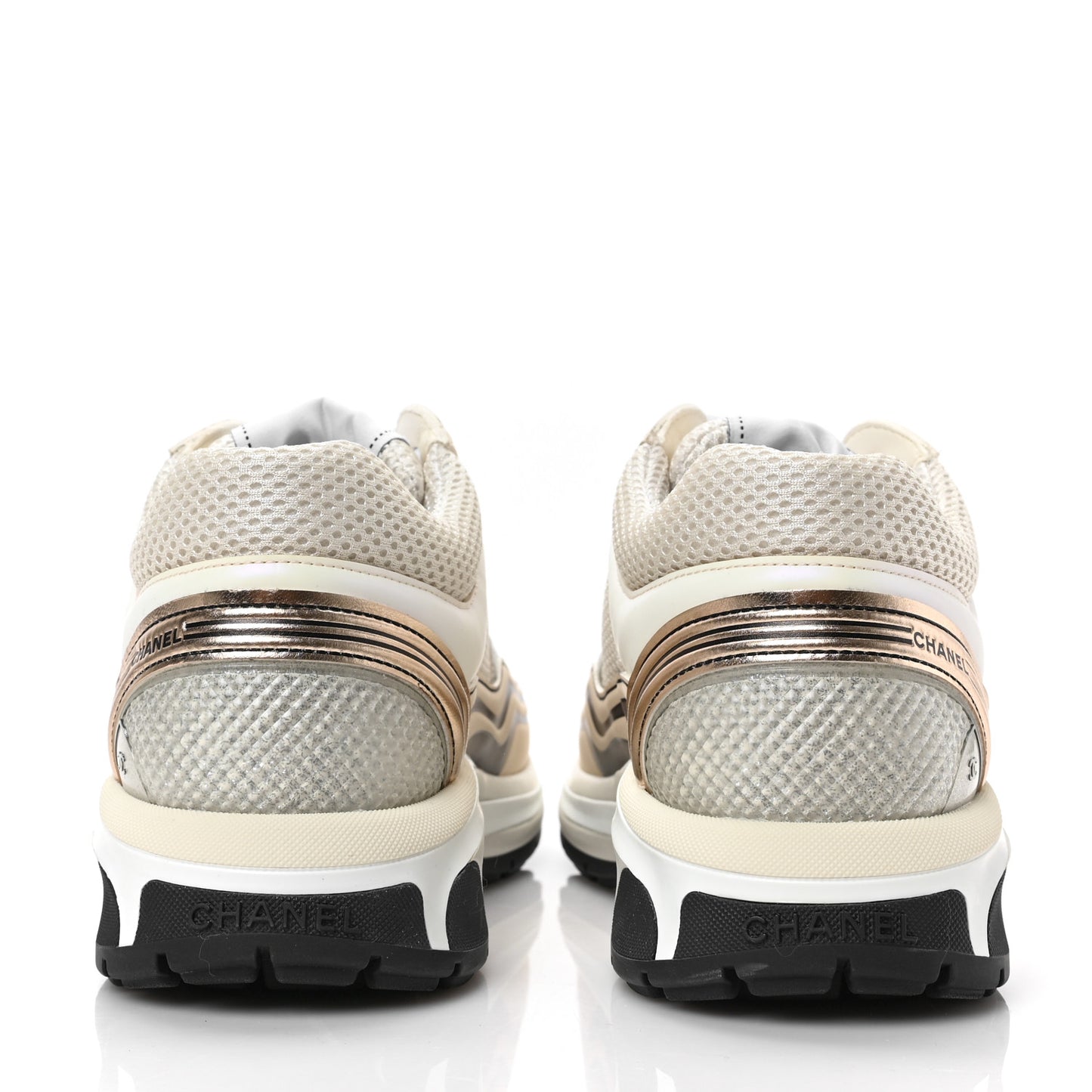 Fabric Laminated Calfskin Stretch CC Womens Sneakers 37.5 White Gold Silver