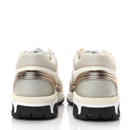 Chanel Fabric Laminated Calfskin Stretch CC Womens Sneakers 37.5 White Gold Silver 5 of 8
