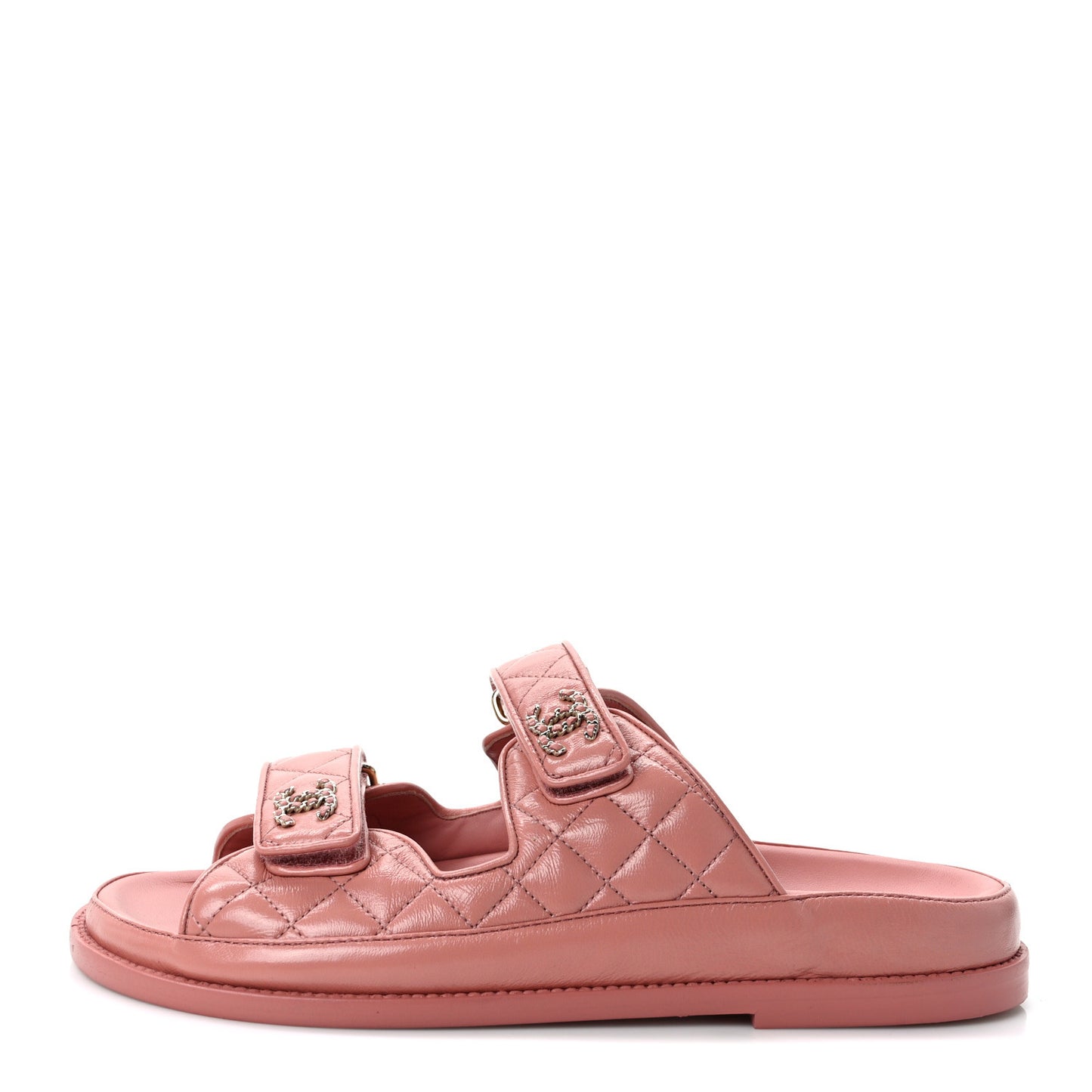 Lambskin Quilted Velcro Dad Chain CC Slide Sandals 39 Pink