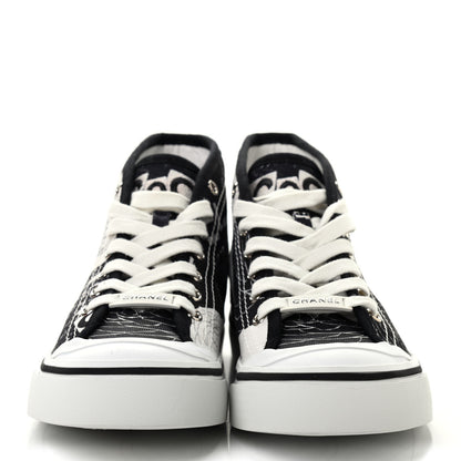 Chanel Printed Fabric High Top Logo Sneakers 38 White Black 2 of 10