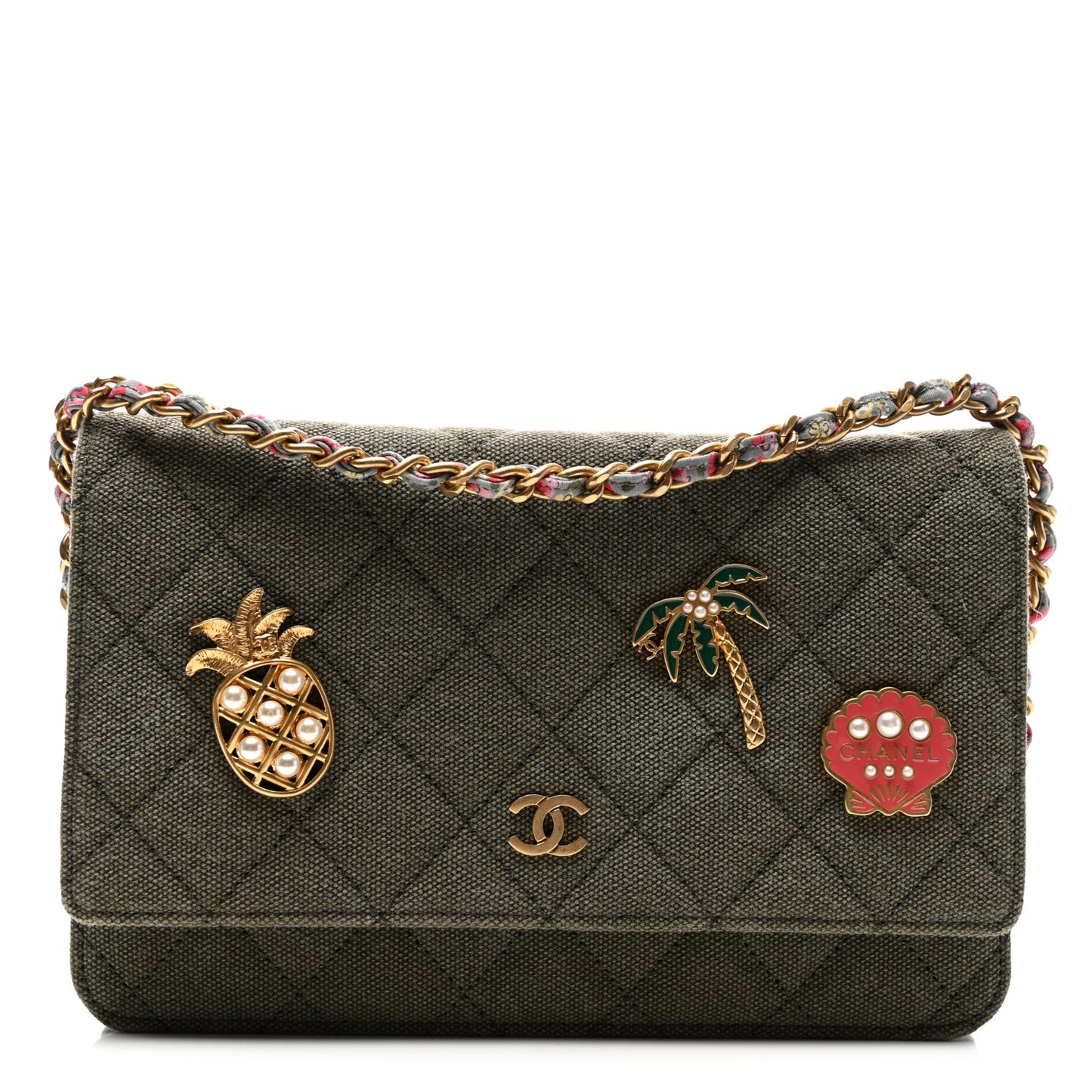 Canvas Quilted Coco Cuba Charms Wallet on Chain WOC Khaki
