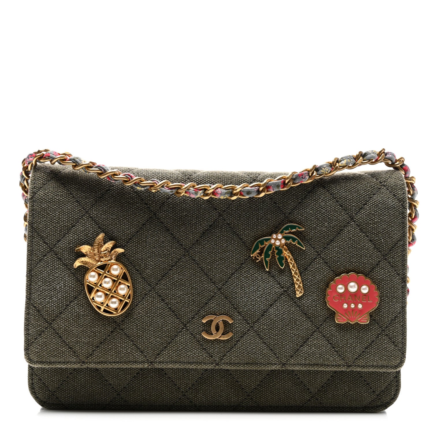 Chanel Canvas Quilted Coco Cuba Charms Wallet on Chain WOC Khaki 1 of 11