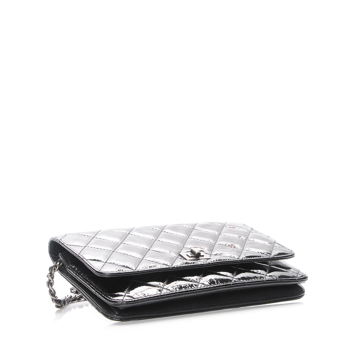 Distressed Patent Calfskin Quilted Reissue Wallet On Chain WOC Black