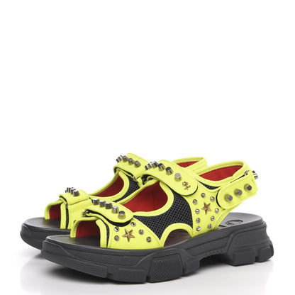Gucci Technical Canvas Calfskin Studded Mens Aguru Sandals 11 Neon Yellow 3 of 8