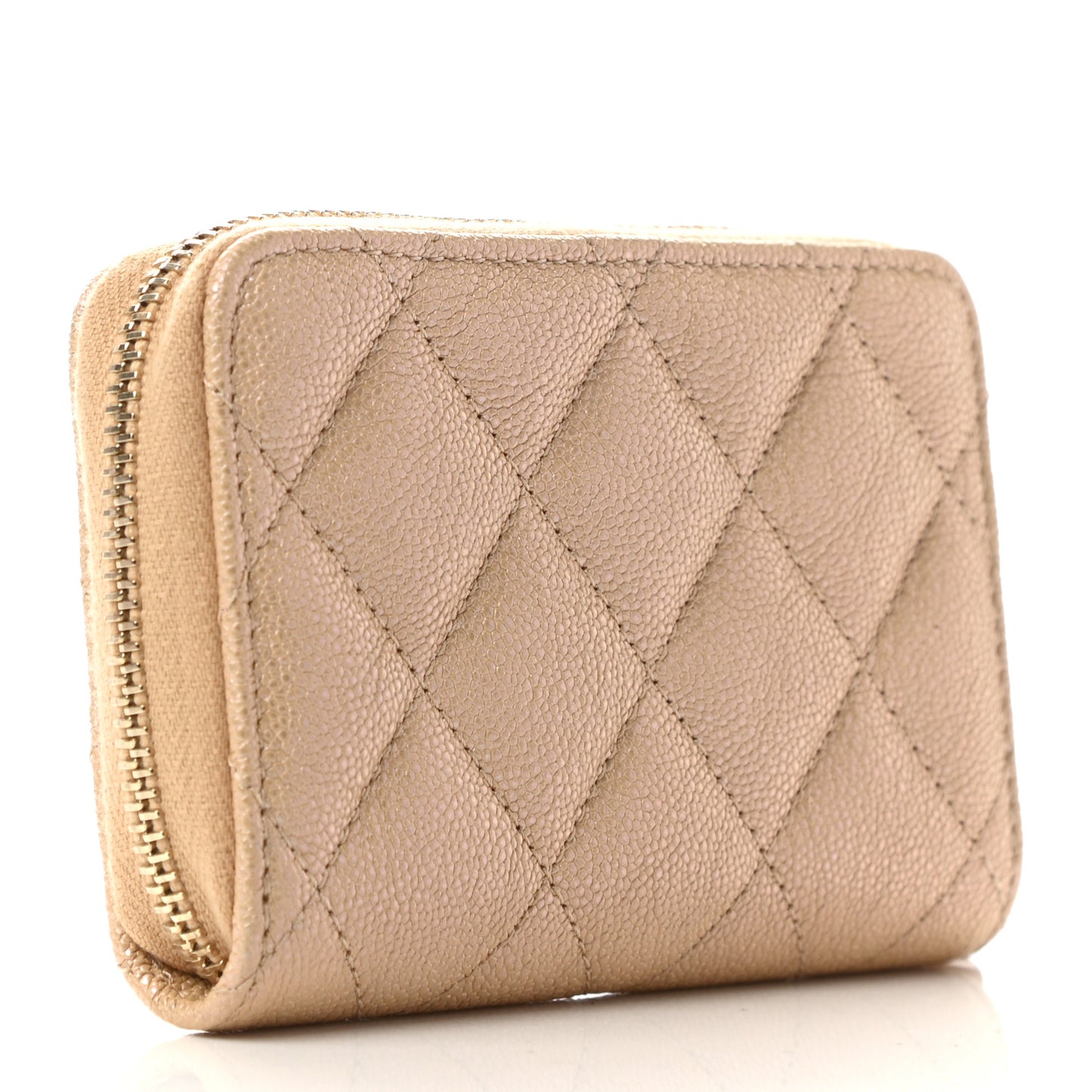 Iridescent Caviar Quilted Zip Around Coin Purse Beige