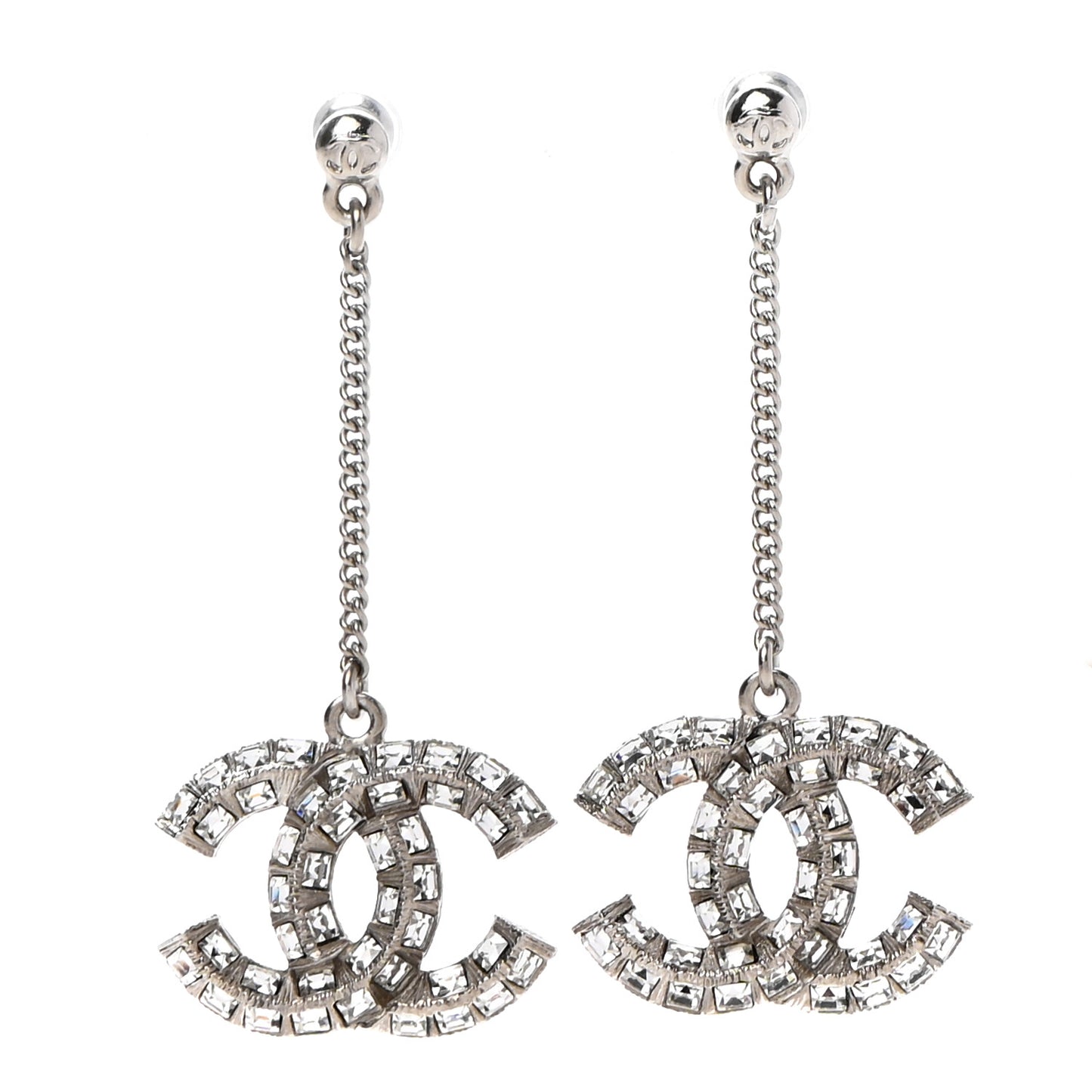Baguette Crystal CC Drop Earrings Silver