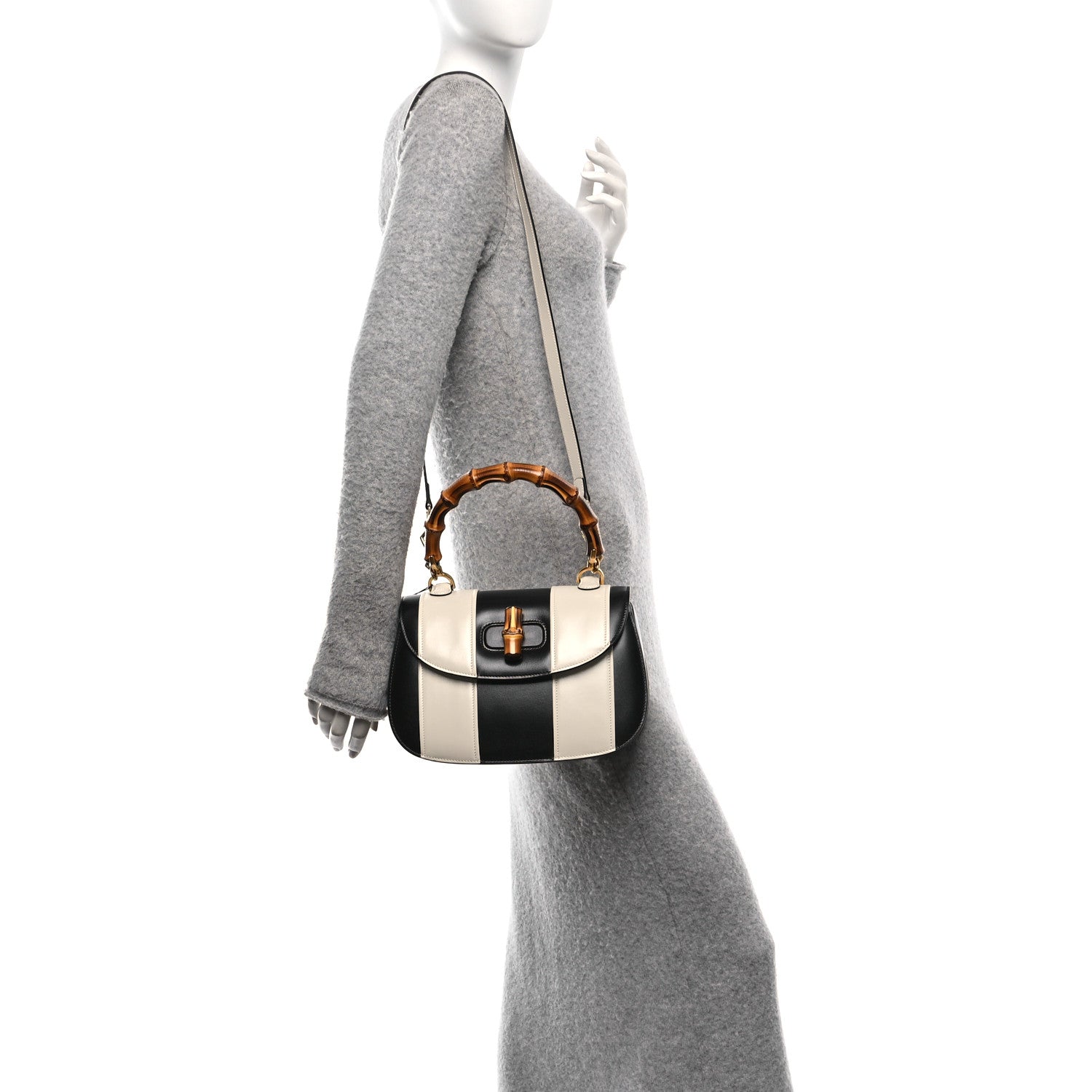Gucci Boarded Dyana Lux Calfskin Web Monochrome Medium Bamboo 1947 Top Handle Bag Black White 2 of 9