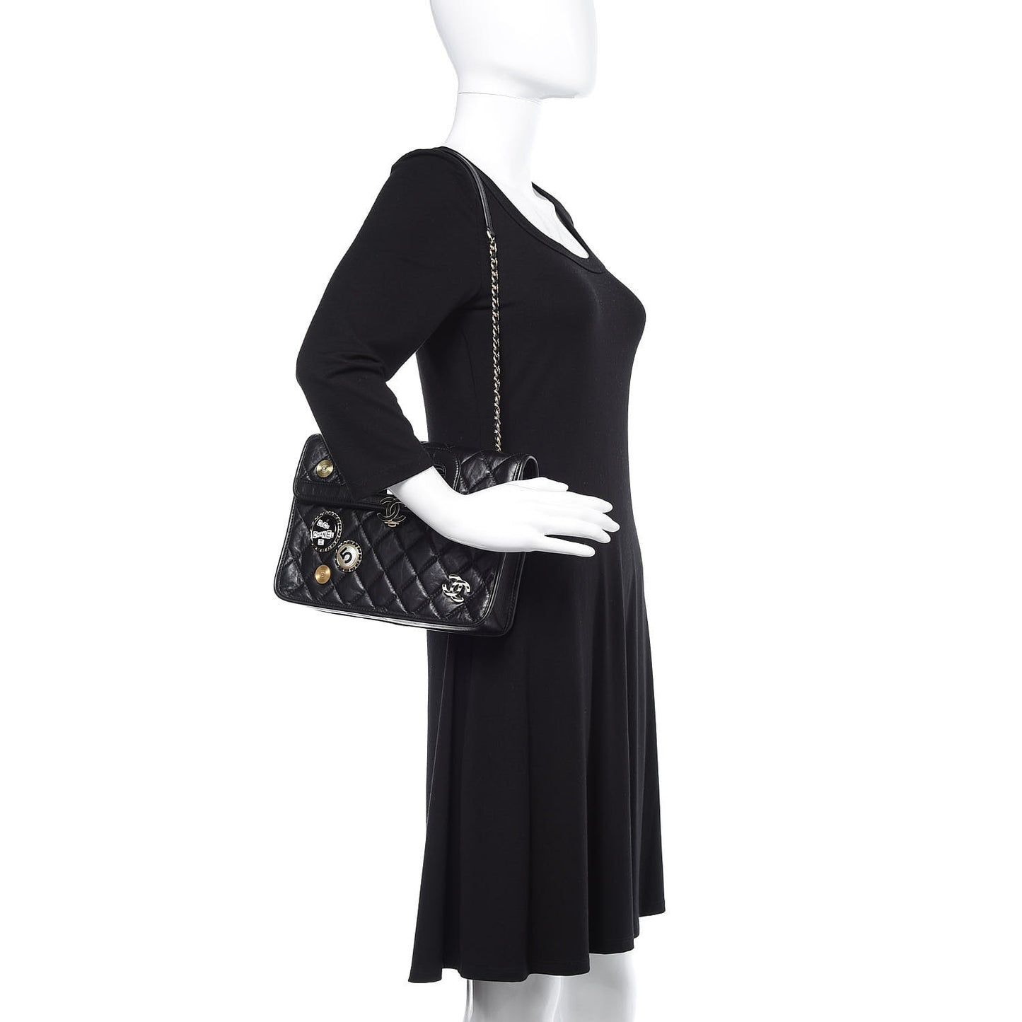Aged Calfskin Charms Flap Bag Black