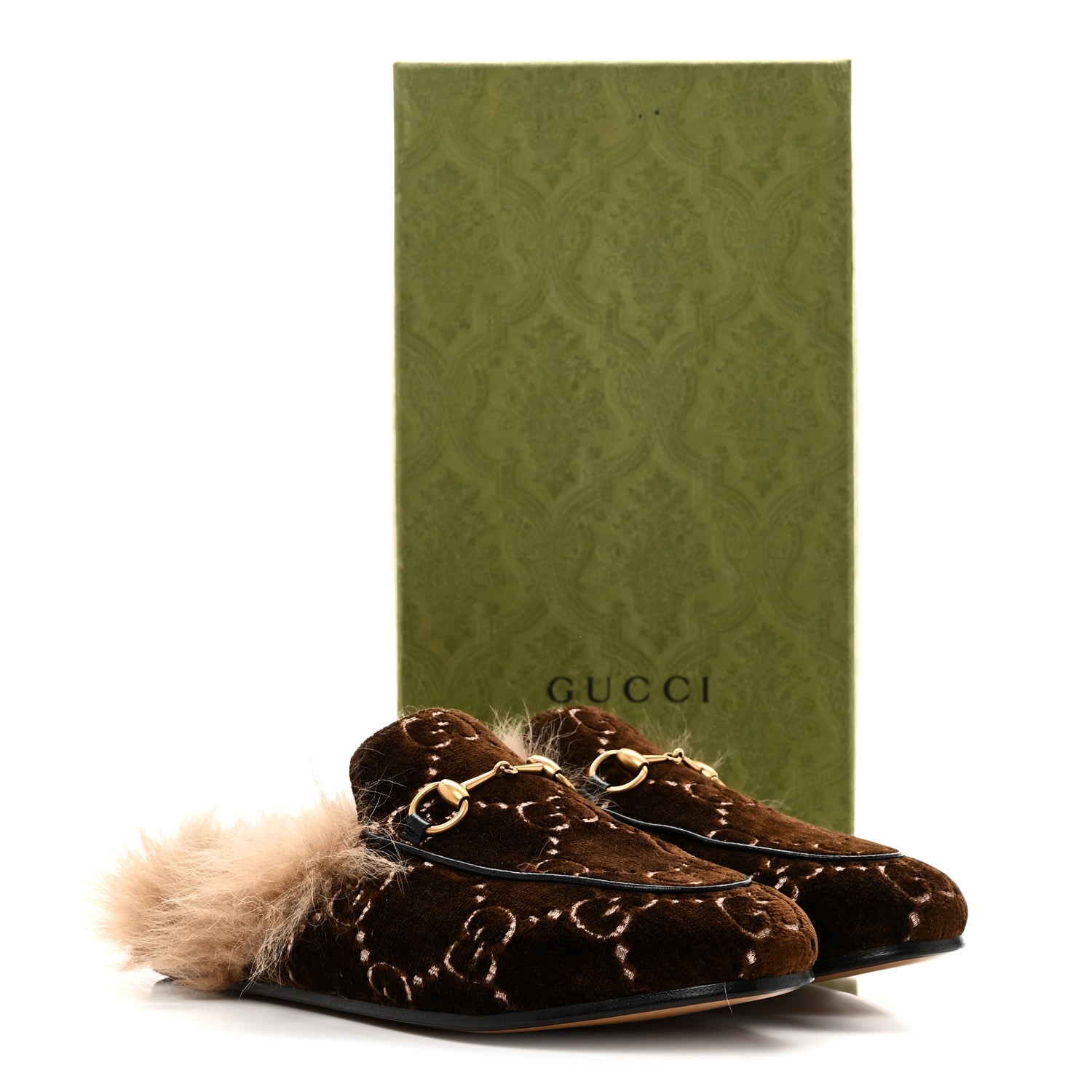 Gucci Velvet GG Monogram Fur Womens Princetown Slippers 38 Brown Black Natural 10 of 10