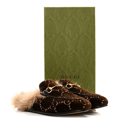 Gucci Velvet GG Monogram Fur Womens Princetown Slippers 38 Brown Black Natural 10 of 10