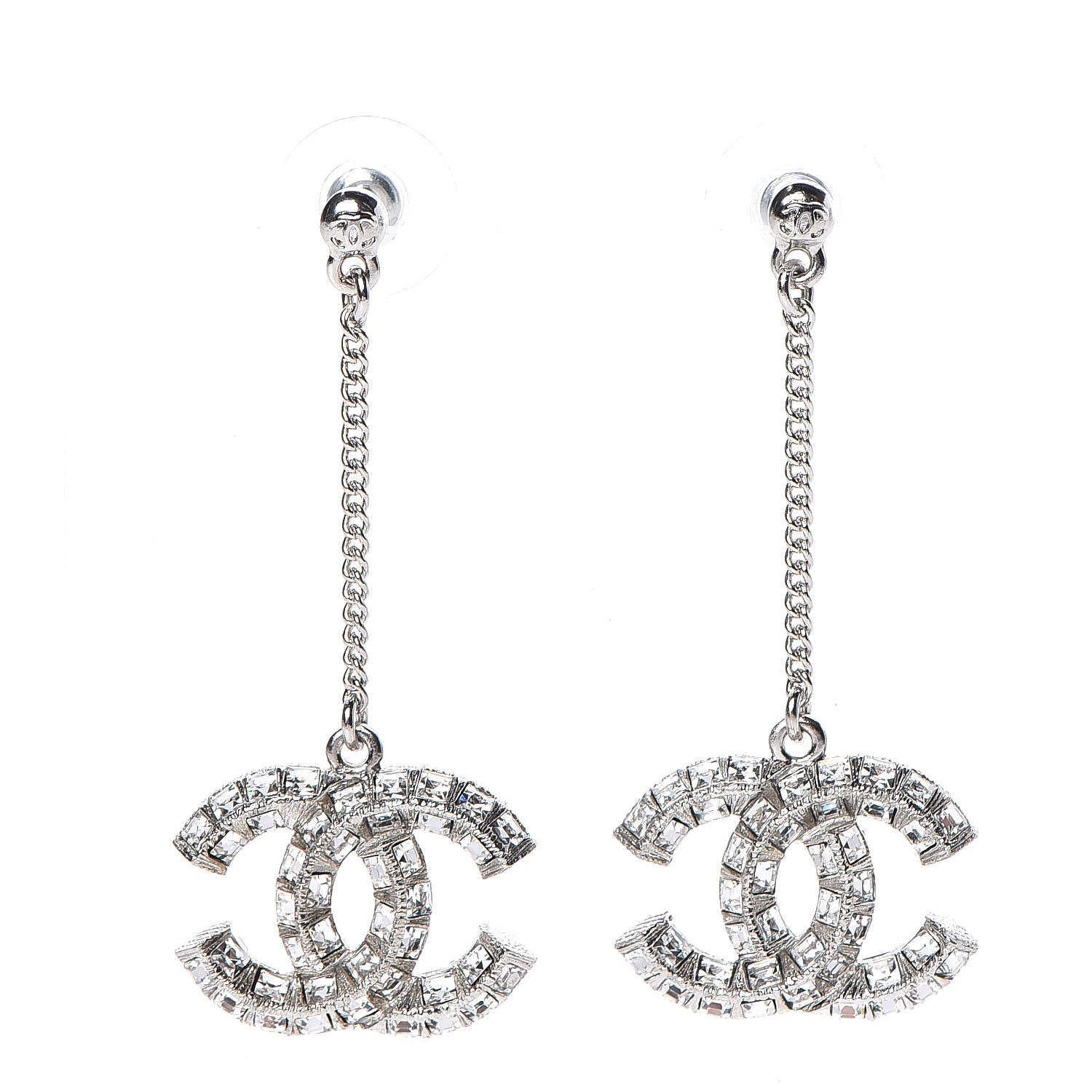 Chanel Baguette Crystal CC Drop Earrings Silver 1 of 4