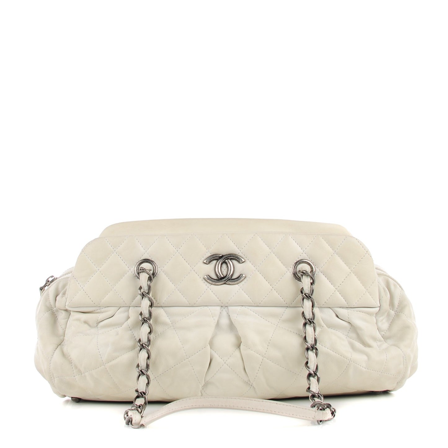 Iridescent Calfskin Chic Quilt Bowling Bag White