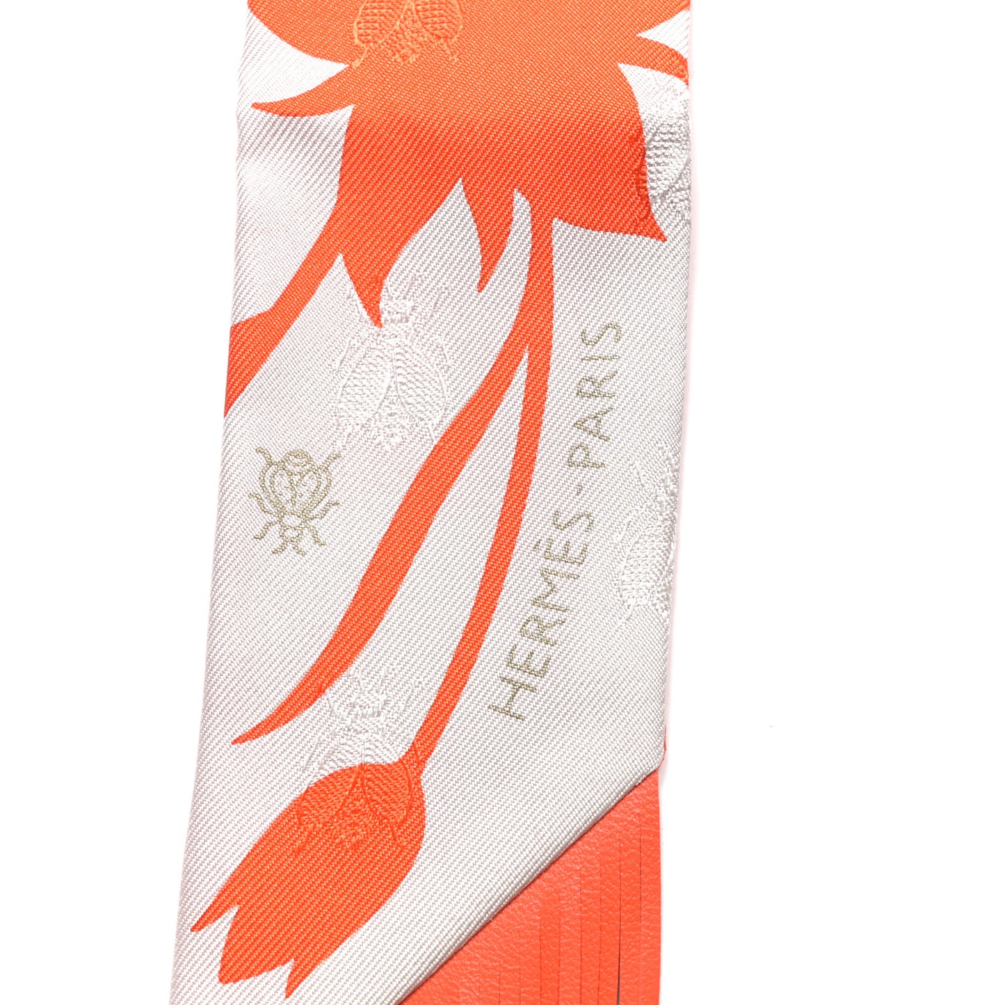 Silk Calfskin Bouquet Final Fringed Twilly Orange Gris Perle Vermillion