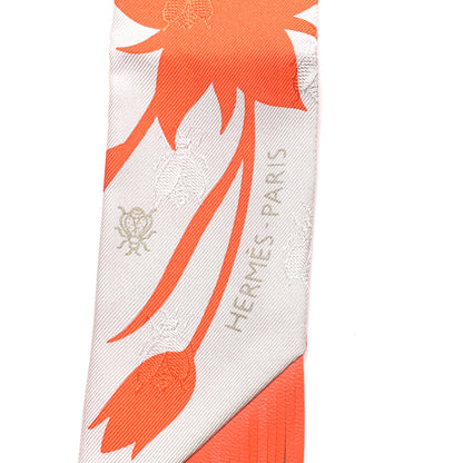 Hermes Silk Calfskin Bouquet Final Fringed Twilly Orange Gris Perle Vermillion 2 of 4