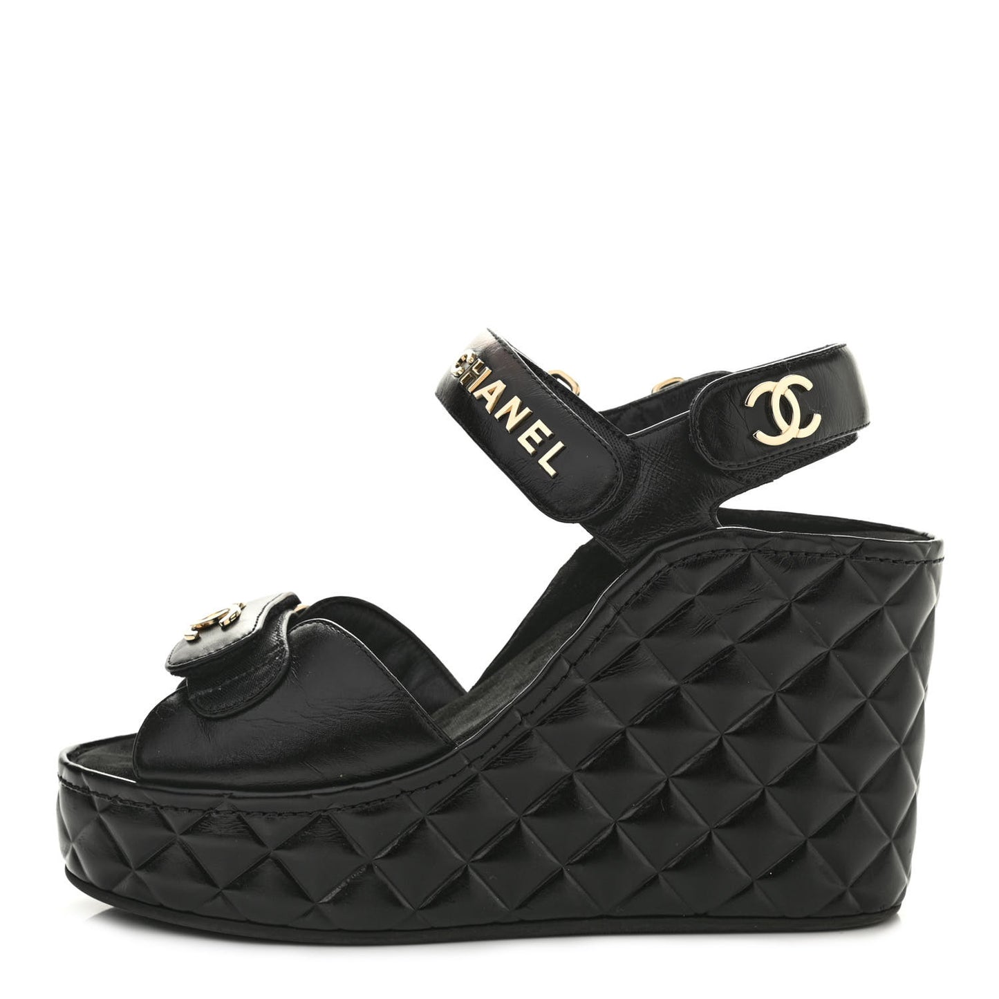 Shiny Calfskin Quilted Wedge Sandals 38 Black