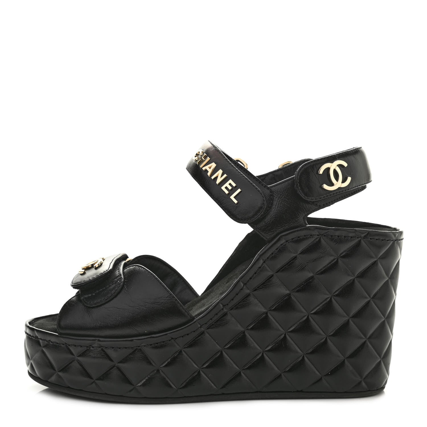 Chanel Shiny Calfskin Quilted Wedge Sandals 38 Black 1 of 9