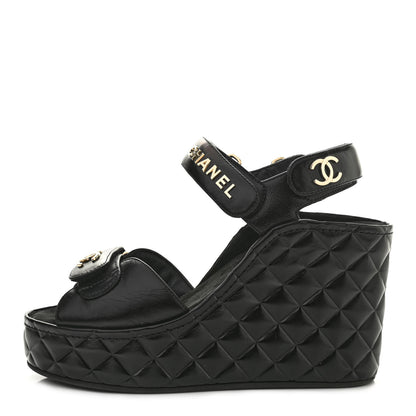 Chanel Shiny Calfskin Quilted Wedge Sandals 38 Black 1 of 9