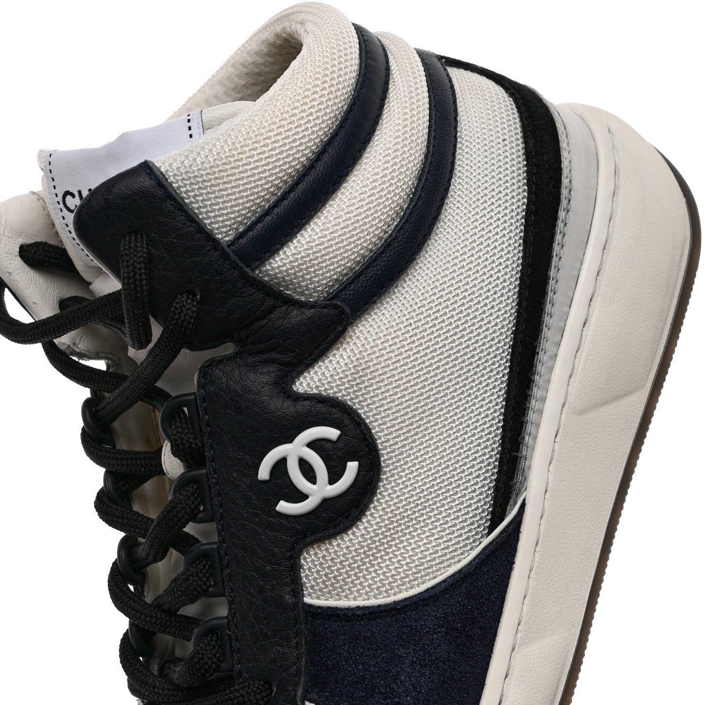 Suede Fabric Grained Calfskin Womens CC High Top Sneakers 39 White Navy