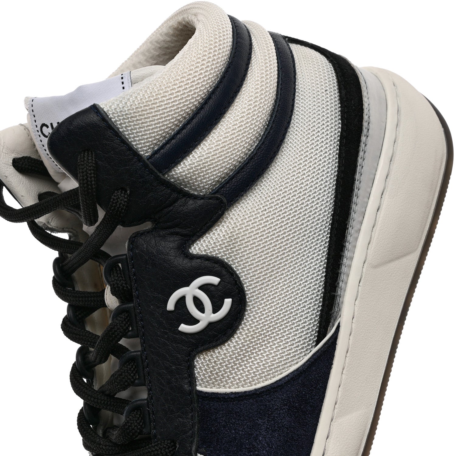 Chanel Suede Fabric Grained Calfskin Womens CC High Top Sneakers 39 White Navy 12 of 15
