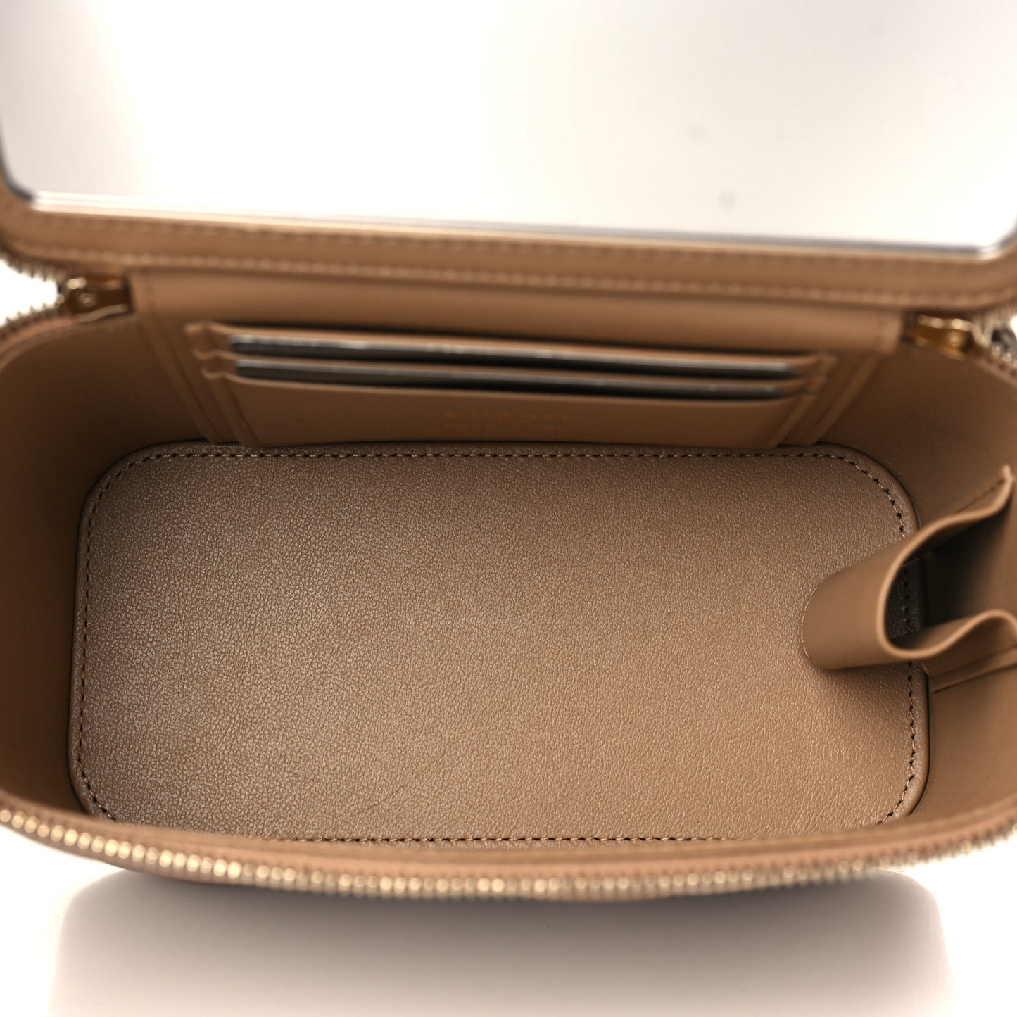 Lambskin Quilted Metal Small Top Handle Vanity Case With Chain Beige