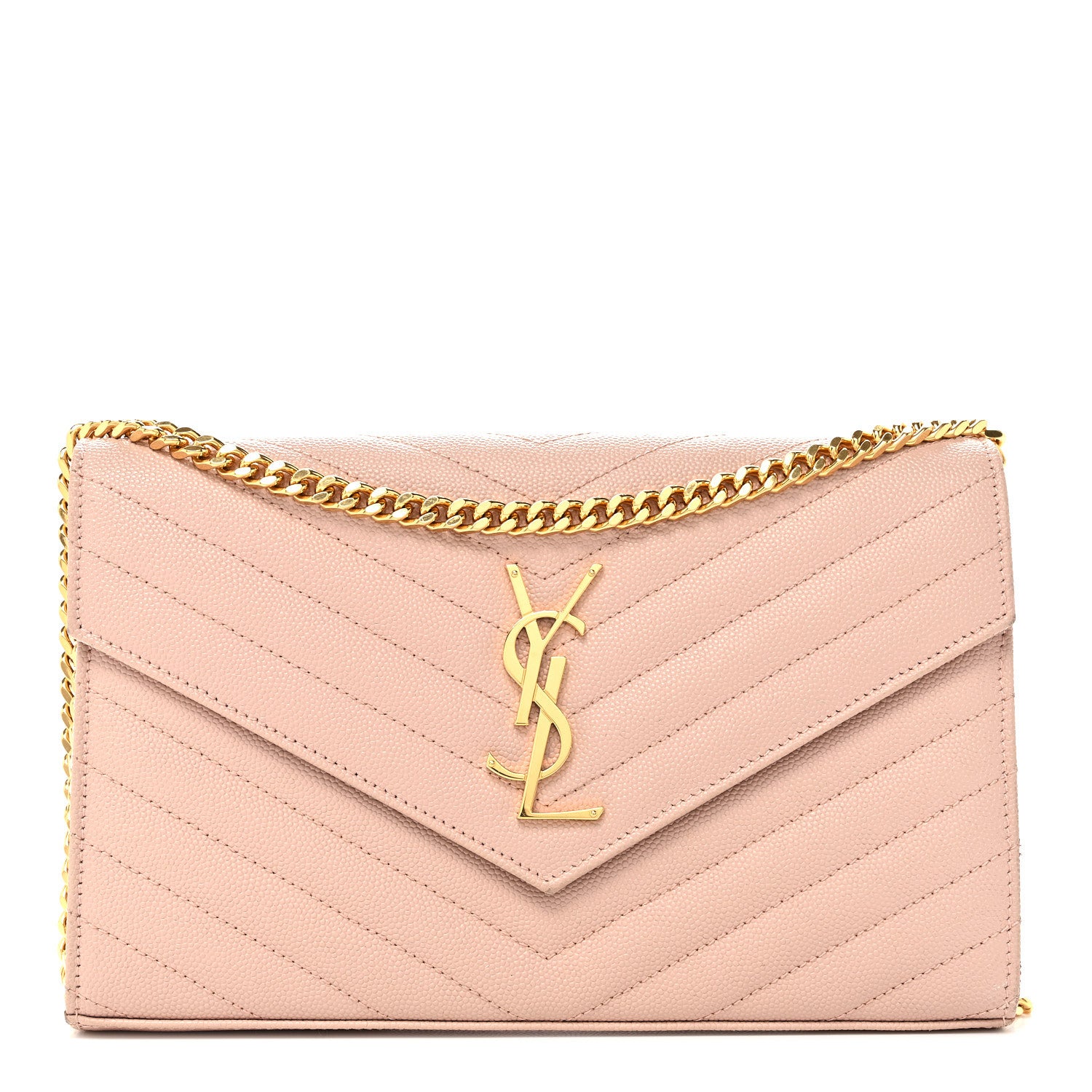 Saint Laurent Grain De Poudre Matelasse Chevron Monogram Chain Wallet Pale Pink 1 of 9