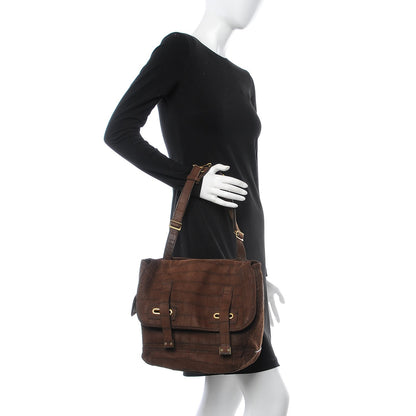 Saint Laurent Crocodile Embossed Nubuck Besace Shoulder Bag Brown Sand 2 of 9