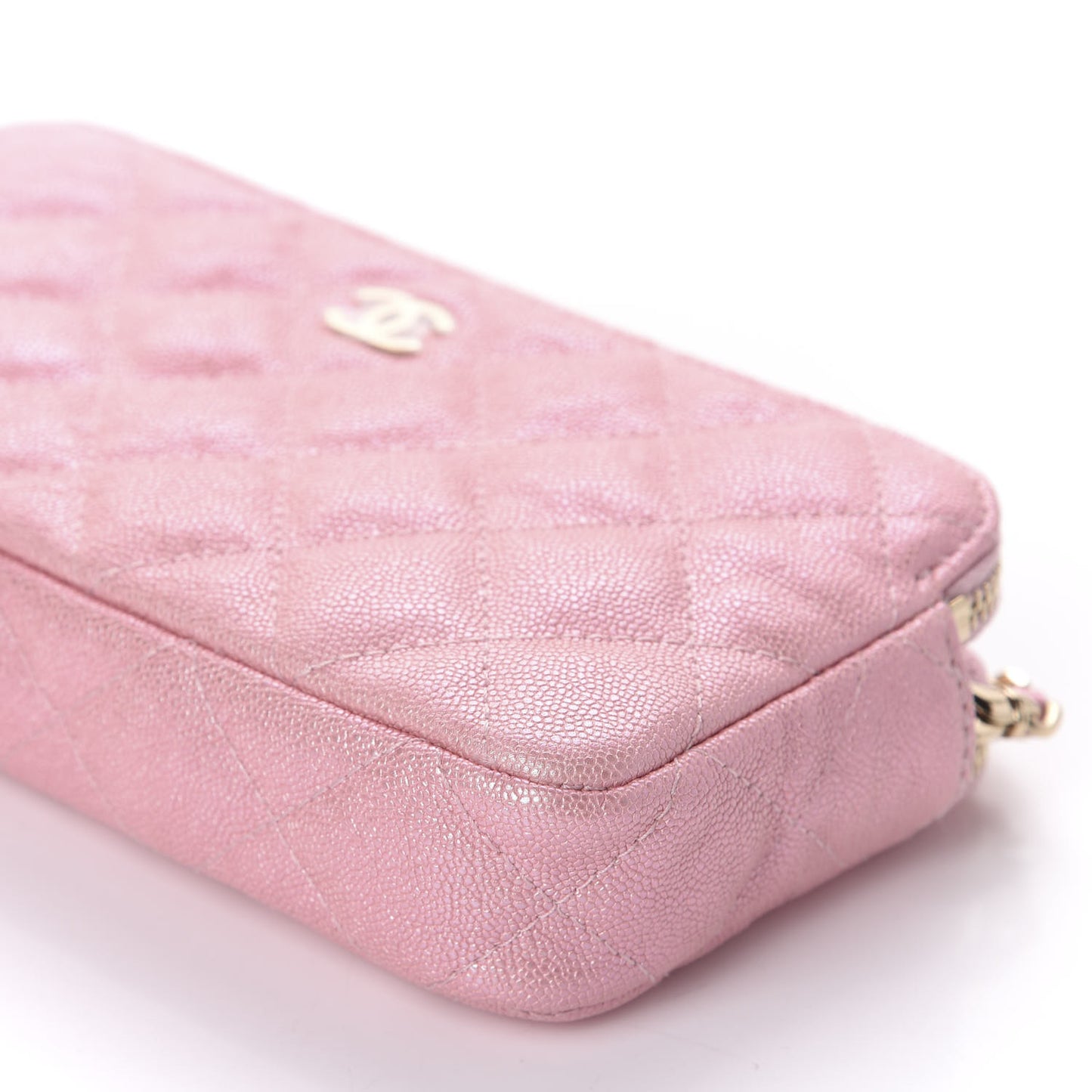 Iridescent Caviar Quilted Small Clutch With Chain Pink
