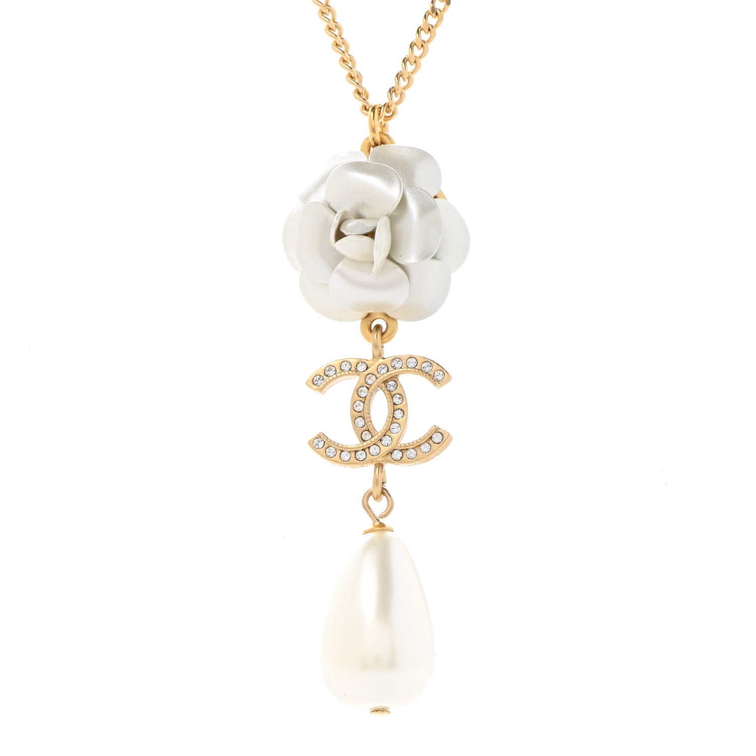 Chanel Crystal Pearl CC Camellia Flower Necklace Gold 4 of 6